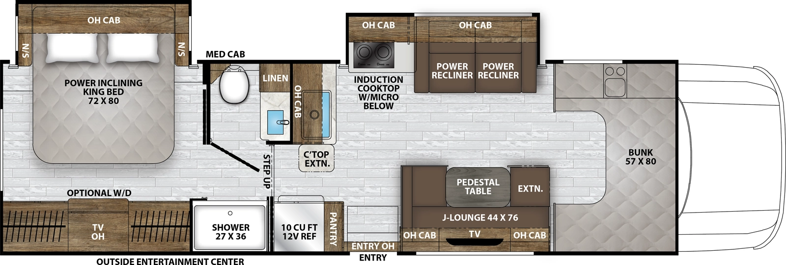 The Entourage 330DS floorplan has one entry and two slide outs. Exterior features include: 21' awning and outside entertainment. Interiors features include: rear bedroom and bunk over cab.